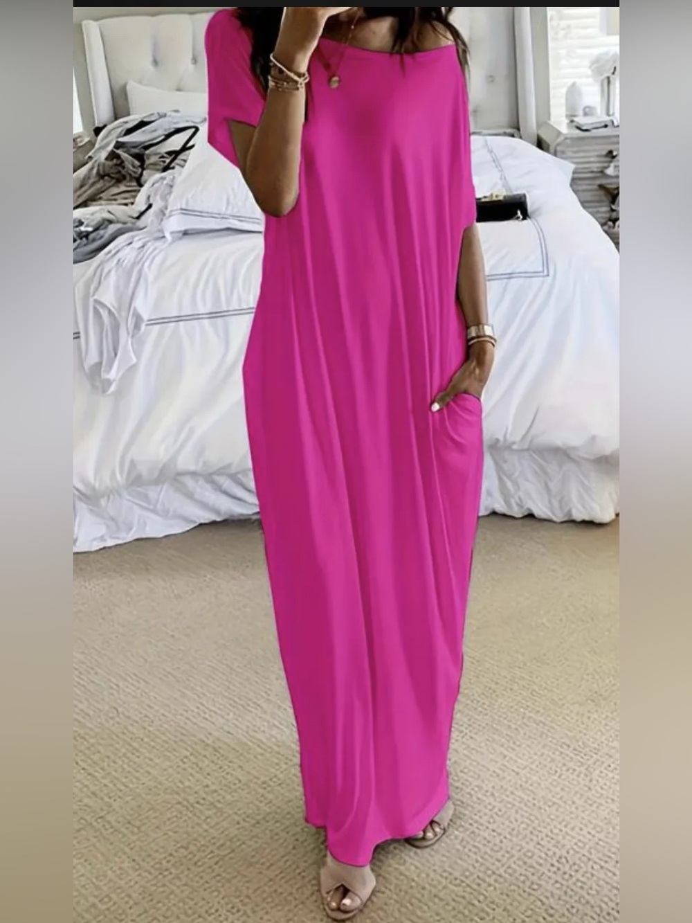 Women’s One-Shoulder Bat Wing Black Maxi Dress with Side Pockets